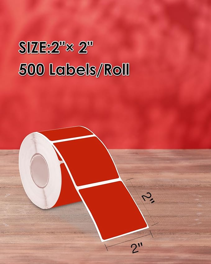iEager Red Square Thermal Label Stickers, 2"x2" Self-Adhesive Square Direct Thermal Labels with Perforation Line, 500 Sheets/Roll