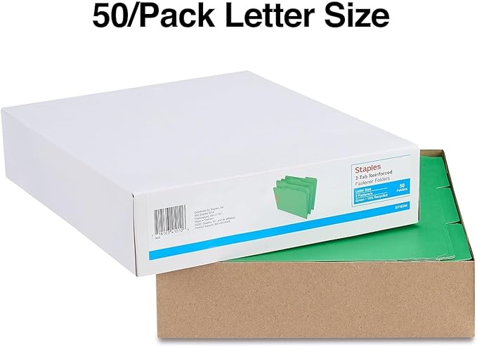 Staples Colored Reinforced Tab Fastener Folders Letter Size Green 50/Box