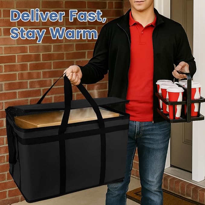 Cooler Insulated Food Delivery Bag & Drink Carrier with Hard Bottom, XXX-Large Pizza Bags for Doordash/Uber Eats, Grocery Catering Travel Thermal Frozen Carrier, Cold Warmer Accessories for Door Dash