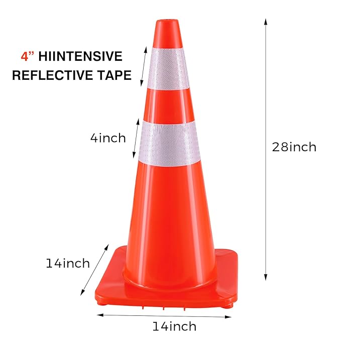 Traffic Safety Cones 28 Inch 6 Pack - Orange Road Parking Cones with Reflective Collars, Heavy Duty PVC Construction Cone Structurally Stable for Road Parking, Traffic Control, Driveway