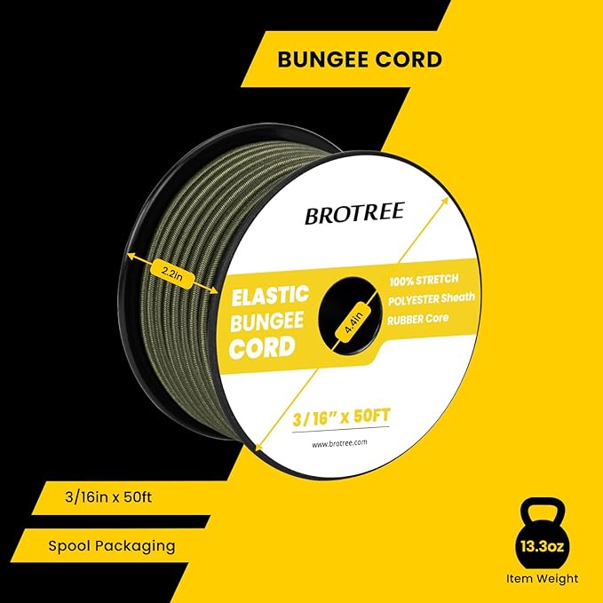 Bungee Cord Elastic Shock Cord 3/16" x 50' Bungee Rope for DIY, Tie Downs, Kayak and Outdoor - Army Green