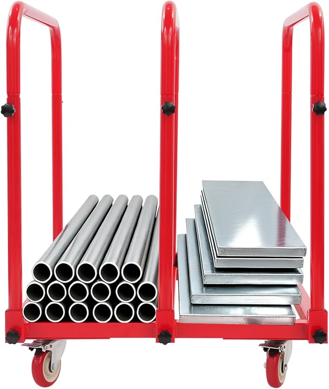 Steel Panel Truck, 1,400lbs Heavy Duty Lumber Drywall Dolly Cart with 4" Swivel Casters, Table Dolly with Crossbeam & 3 Side Handrails for Garage, Home, Warehouse, 31" L X 28" W X 35" H (Red)