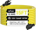 BN-LINK 15ft Outdoor Extension Cord, 12/3 SJTW Heavy Duty Power Cord, 3-Prong Grounded Plug, Weather Resistant, 15A, 1875W, Yellow, for Lawn, Garden, Appliances, ETL Listed