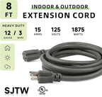 EP 8 Ft Outdoor Extension Cord, 12/3 SJTW Heavy Duty Extension Cable with 3 Prong Grounded Plug, 15 AMP Power Cord for Lawn, Garden, Appliances, Gray