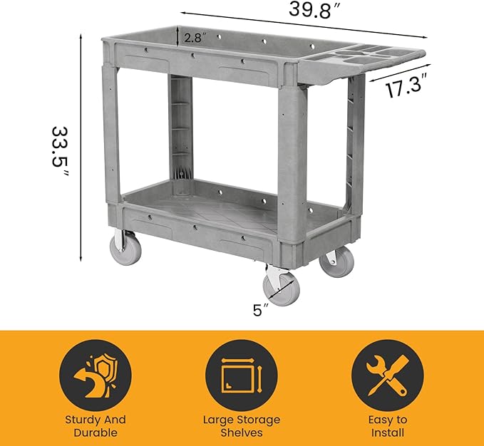 2-Tier Rolling Tool Cart,Heavy-Duty Plastic Service Cart with Lipped Shelves,550 lbs Capacity Utility Cart,40 x 17 Inch Rolling Work Carts for Garage,Salon,Kitchen,Office-Gray