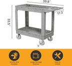 2-Tier Rolling Tool Cart,Heavy-Duty Plastic Service Cart with Lipped Shelves,550 lbs Capacity Utility Cart,40 x 17 Inch Rolling Work Carts for Garage,Salon,Kitchen,Office-Gray