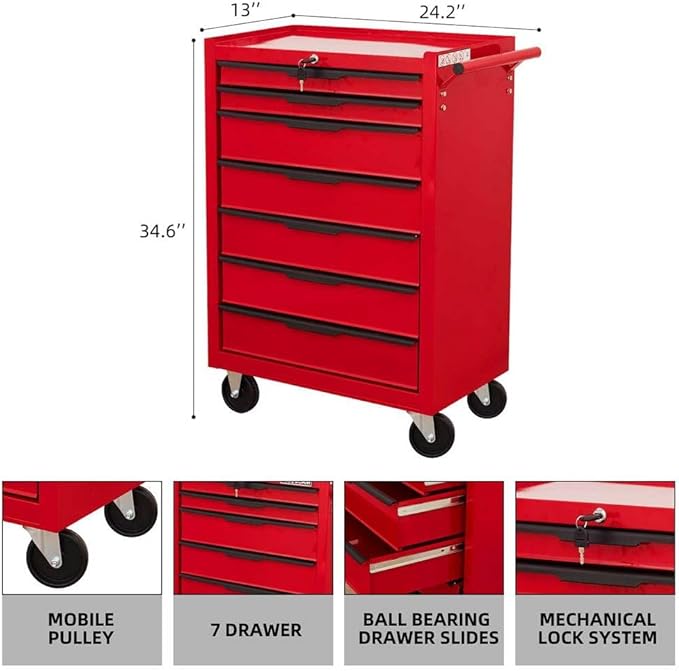 7-Drawer Rolling Tool Chest Cabinet, Heavy-Duty Metal Tool Box with Wheels, Lockable Storage Organizer, Mobile Tool Cart for Garage, Workshop, Warehouse – Red