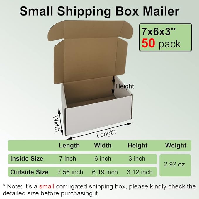 50 Pack 7x6x3'' Shipping Boxes, White Corrugated Cardboard Mailers for Mailing Packaging Small Business(W763-50)