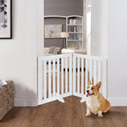 unipaws 24”H Free Standing Pet Gate for Dog Cat, Wooden Dog Gates for Doorway, Stairs, Step Over Foldable Pet Fence for The House, Expandable Doggy Barrier, Indoor Use, White