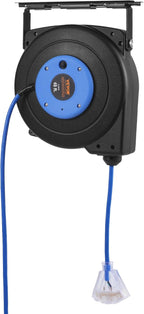 VEVOR Retractable Extension Cord Reel, 45 FT, Heavy Duty 12AWG/3C SJTOW Extension Power Cord with Lighted Triple Tap Outlet, 15A Circuit Breaker 180° Swivel Bracket for Ceiling or Wall Mount, Blue