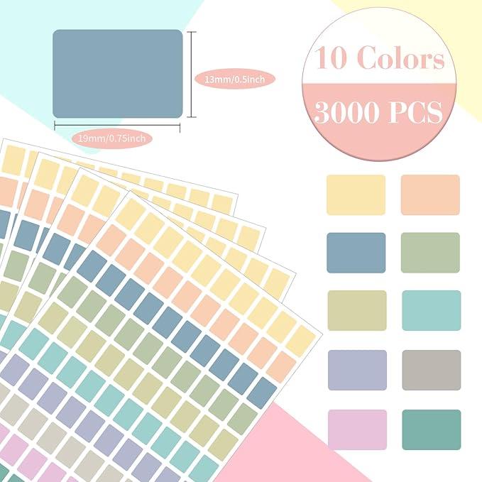 Starboling Color Coding Labels,3000 PCS 1/2" x 3/4" Morandi Rectangular Colored Labels Stickers,for Garage Sale,Price Tags,File Folder Tabs,and Classroom Organization