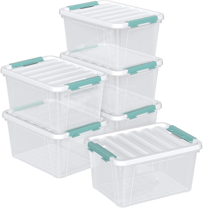 6 Packs Plastic Latch Boxes, 20 L Clear Stackable Storage Container Bin with White Lid