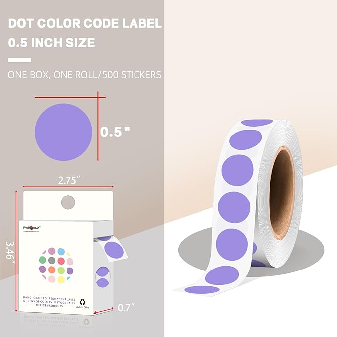 PARLAIM 1/2 Inch Round Adhesive Color-Code Dot Stickers,500 Stickers Inventory Dots Label in Dispenser Box,Lavender Circle Coding Labels for Office Home (Lavender)