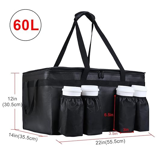 Insulated Food Delivery Bag with 4 Cup Holder and Bottom Support, XX-Large Insulated Grocery Bags Keep Food Hot/Cold, Cooler Bags with Drink Carrier, Food Carrier Catering Bag for Events, Black