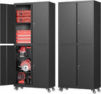 4 Door Garage Storage Cabinets with wheels, Metal Rolling Tool Cabinet with Lock, Locking Garage Caninet on wheels with Shelves, Steel Tall Tool Cabnets Locker for Workshop/Home/Office - (Black 73”H)