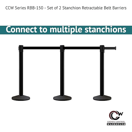 Crowd Control Warehouse CCW Series RBB-150 - Set of 2 Stanchion Retractable Belt Barriers - 16 Foot, Black Belt with Polished Stainless Steel Post - Easy Assembly