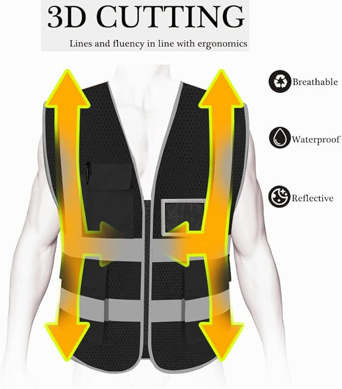 HYCOPROT High Visibility Mesh Safety Reflective Vest with Pockets and Zipper, Meets ANSI/ISEA Standards