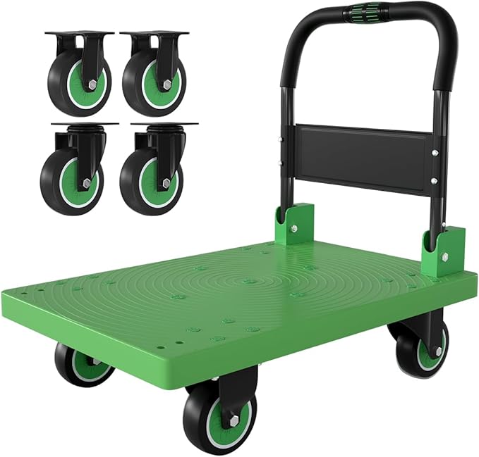 WUD Folding Push Cart Platform Trolley – Thickened Reinforced Steel, 360° Swivel Wheels, 28.7″×19.3″, Load Capacity 661 lb, Green