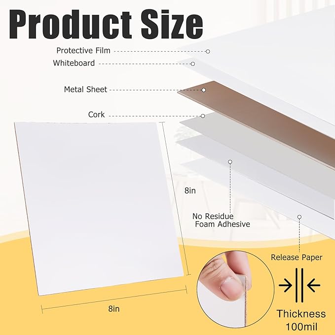 White Board for Wall,Magnetic Receptive Sheet Metal with Adhesive Backing,Square 8" Peel and Stick Solid WhiteBoard-4 Pack