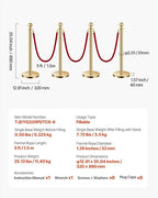 VEVOR Stanchions and Velvet Ropes 8Pcs, Hollow Base with Stainless Steel Post, 6 Red Velvet Ropes and Posts, Crowd Control Barriers Gold Stanchions, Red Carpet Runner Poles for Party Supplies
