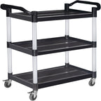 Plastic Utility Cart with Wheels Lockable, Heavy Duty Restaurant Cart, Service Cart for/Home/Office/Warehouse/Kitchen/Workshop,390 Lbs,2 Handles, Black.