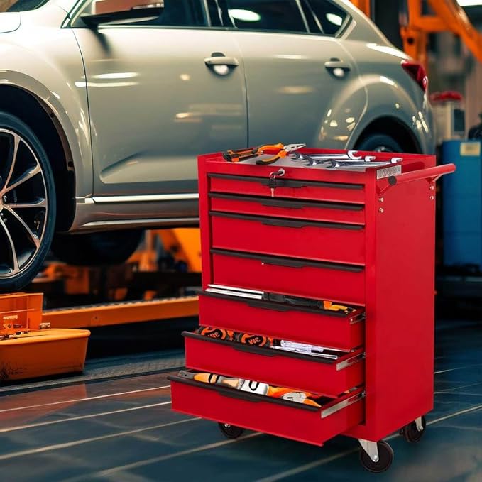 7-Drawer Rolling Tool Chest Cabinet, Heavy-Duty Metal Tool Box with Wheels, Lockable Storage Organizer, Mobile Tool Cart for Garage, Workshop, Warehouse – Red