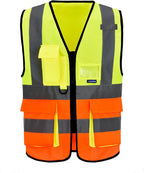 A-SAFETY Industrial Safety Vest, Hi Vis 9 Pockets High Visibility Zipper Front Reflective Safety Vest, Orange&Yellow Color Mixed, XL