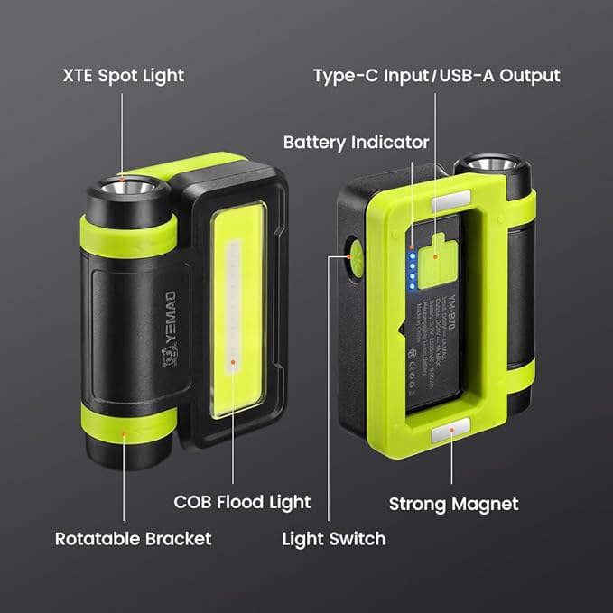 Yemao Led Work Light Rechargeable,Small Portable Work Light with Battery,High Lumen Underhood Work Lights with Magnetic,8 Modes Mechanic Lamp for Automotive Work,Garage,Shop,Car Repair,Emergency
