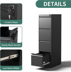 4 Drawer File Cabinet with Lock, Steel Vertical Filing Cabinets for Home Office, Metal Storage Cabinet for Hanging Legal/Letter Size Files, Assembly Required (Black)
