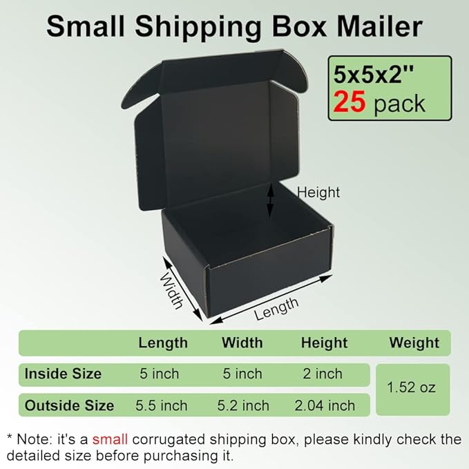 25 Pack 5x5x2'' Small Shipping Boxes, Black Corrugated Cardboard Mailers for Mailing Packaging for Small Business (BK552-25)