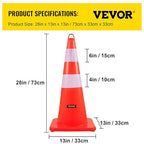VEVOR Safety Cones, 12 x 28" Traffic Cones, PVC Orange Construction Cones, 2 Reflective Collars Traffic Cones with Weighted Base and Hand-Held Ring Used for Traffic Control, Driveway Road Parking