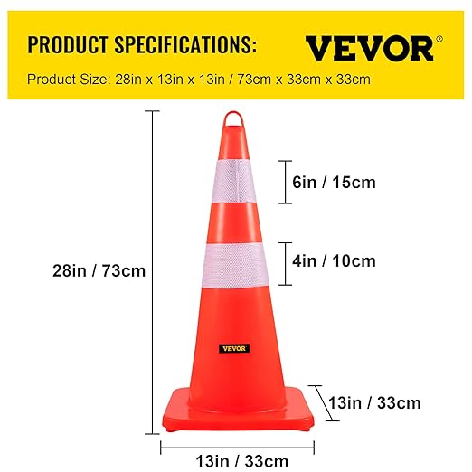 VEVOR Safety Cones, 6 x 28" Traffic Cones, PVC Orange Construction Cones, 2 Reflective Collars Traffic Cones with Weighted Base and Hand-Held Ring Used for Traffic Control, Driveway Road Parking