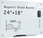 Mifuro Magnetic Glass Whiteboard，24"x18" Wall Mounted Frameless Dry Erase Board for Office, Home & School White