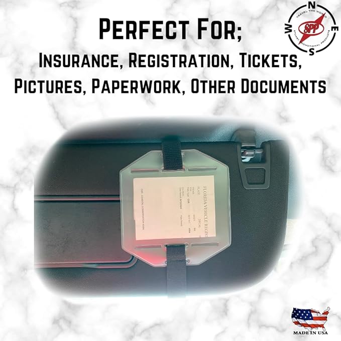 Registration & Insurance Card Document Holder Visor for Vehicle - Securely Holds with Black Elastic Hook & Loop Stretch Band - Durable Car Accessories Made in The USA