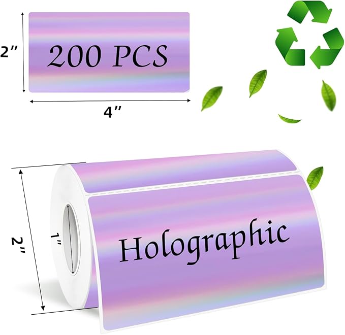 2x4 Inch Holographic Thermal Labels, Purple Direct Thermal Stickers Label, Self-Adhesive Glitter Thermals Printer Sticker Labels, Perforation Line Design- 200Pcs/1 Roll