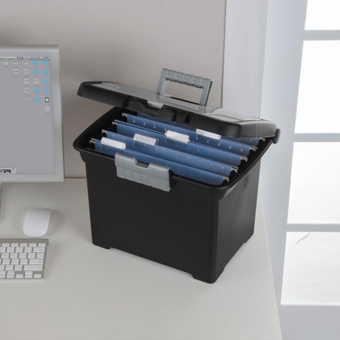 Sterilite Portable File Box, Stackable Storage Bin with Latching Lid and Handle, Plastic Container to Organize Papers in Home, Office, Black, 4-Pack