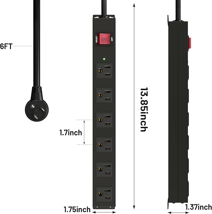 KF Matel 6 Outlet Power Strip Surge Protection 2100J,Heavy Duty Wide Space Power Strip with Flat Plug/Upgraded Switch,15A/1875W/14AWG 6FT Extension Cord in Home,Garage,Shop