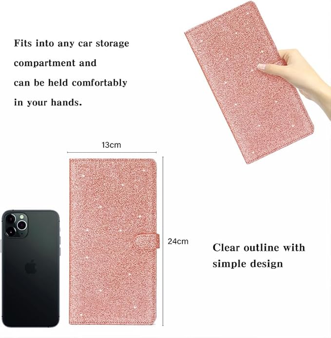 2 Ppack Leather Car Registration and Insurance Card Holder, Car Document Holder for Cards License with Magnetic Shut(Glitter Pink-Ear