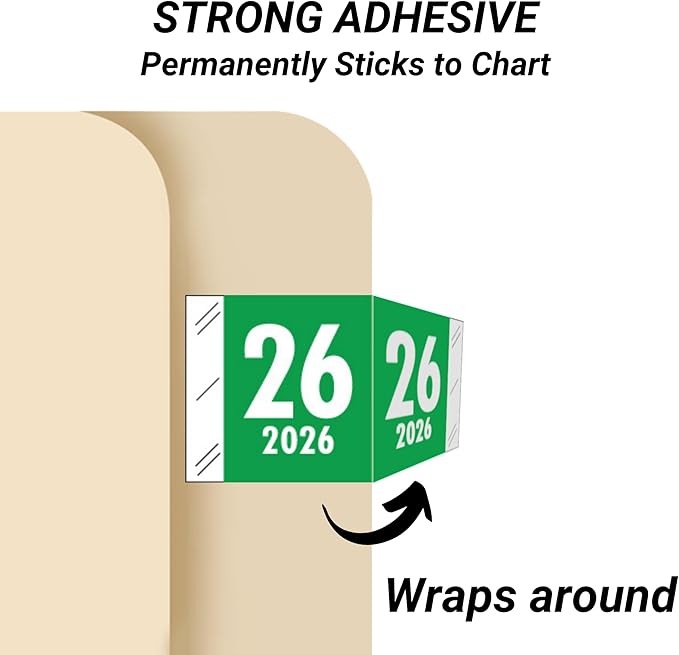 2026 Year Labels, Doctor Stuff 2026 Chart Stickers, Green Color Coded, Tabbies 11700 Style, USA Made Year Stickers for End Tab File Folders, 1000/Roll, 1 Roll, 3/4" x 1-1/2"