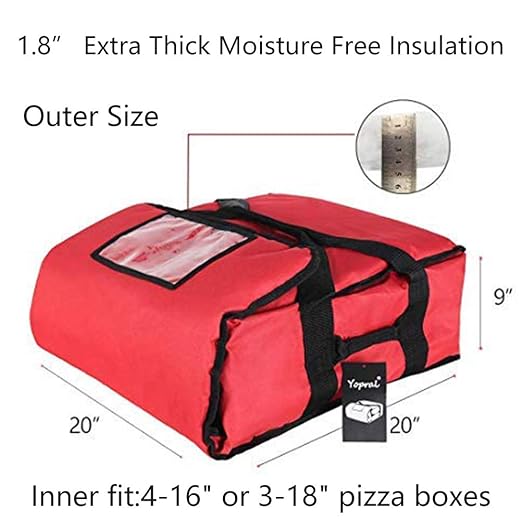Pizza Bag, Thermal Pizza Delivery Bags Insulated Food Delivery Bag Professional Pizza Warmer Carrier Bags Moisture Free Hold Up to 4-16" or 3-18" (Red, 20"X20"X9")