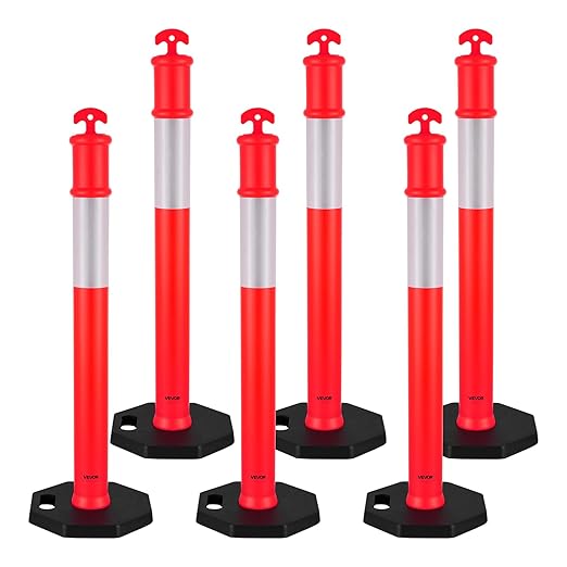 VEVOR 6 Pack Traffic Delineator Posts, 48 inches Traffic Safety Cones with Weighted Base and Reflective Strips, Heavy Duty Delineator Posts for Construction Site, Parking Lot, Crowd Control, Red