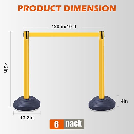 6 Pack Yellow Crowd Control Stanchions with 10FT Retractable Belts, Water Filled Base Posts, Barrier System for Lines, Events, and Public Spaces