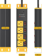CCCEI Heavy Duty Surge Protector Power Strip 20 Amp Individual Switches. 15FT 12 Gauge Extension Cord with Multiple Outlets. Kitchen, Garage, Shop, Industrial Wall Mount Electric Extender, Yellow.