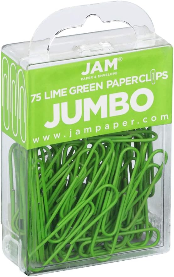 JAM PAPER Colorful Jumbo Paper Clips - Large 2 Inch - Lime Green Paperclips - 75/Pack