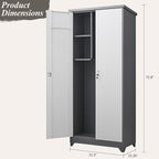 GREATMEET 72.8" Outdoor Broom Storage Cabinet, Metal Storage Cabinets for Cleaning Supplies with Slanted Roof, Waterproof Outdoor Slim Shed,Utility Closet for Broom Mop, Grey&White