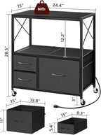 File Cabinet with Charging Station, 3 Drawer Lateral Filing Cabinet for Home Office, Mobile Printer Stand with Open Shelf, Fits A4/Letter Size File, Nonwovens Drawer, Black FCHB98E01