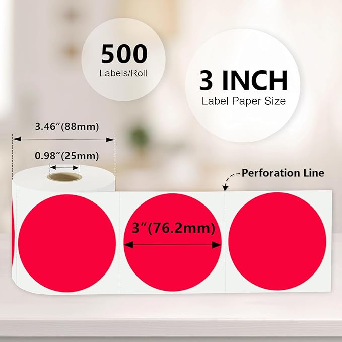 3 x 3Inch Round Color Coding Labels Circle Thermal Labels Printable Waterproof 500Pcs Round Stickers Adhesive Writable for Office,Home,Garage,DIY Sticker,Barcodes,Name Tag, Red
