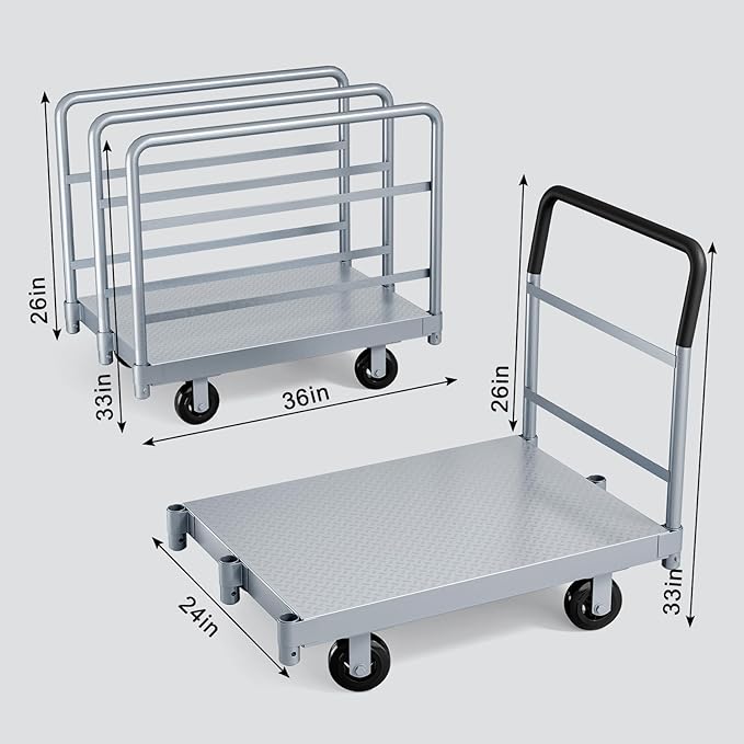 Steel Panel Cart, Lumber Cart with Flexible＆Quiet Wheels, Heavy Duty Drywall cart with 1Front and 3Side Handrails, 2500 LBS Industrial Grade Weight Capacity