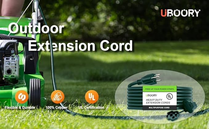Outdoor Extension Cord Waterproof 50 FT, Green 14/3 SJTW Heavy Duty, Flexible 100% Copper 3 Prong Extension Cord for Lawn, Garage,UL Listed