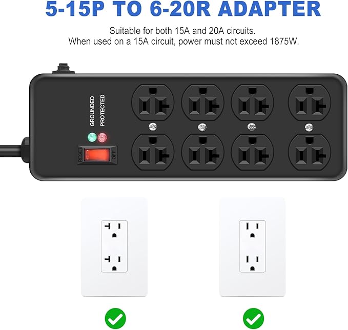 Heavy Duty Surge Protector 20Amp,Metal Power Strip with 8 Outlets,Wall Mount Surge Protector 4800J,12 Gauge 10FT Extension Cord 5-15P Adapter Workshop & Industrial Use with 6-20R T-Slot Outlets